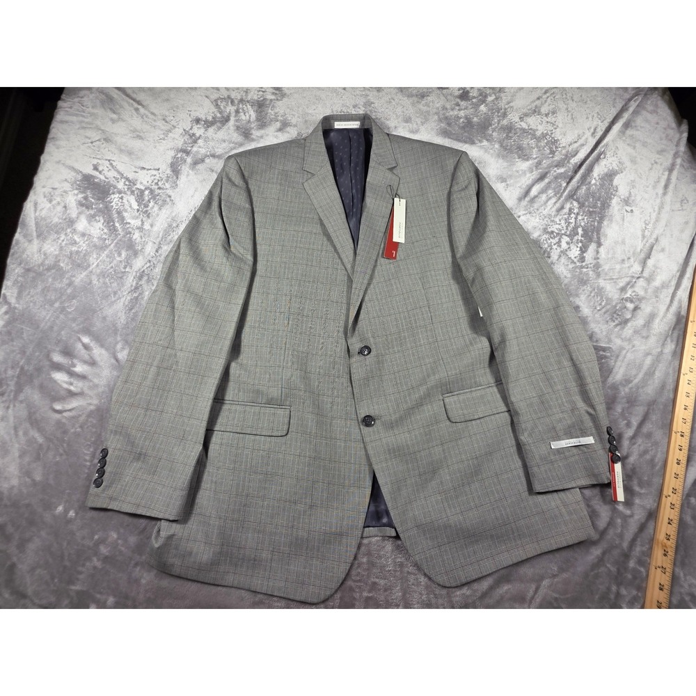 Perry Ellis Portfolio Blazer Mens‎ 50L Grey Fine Plaid Modern Fit Jacket NEW